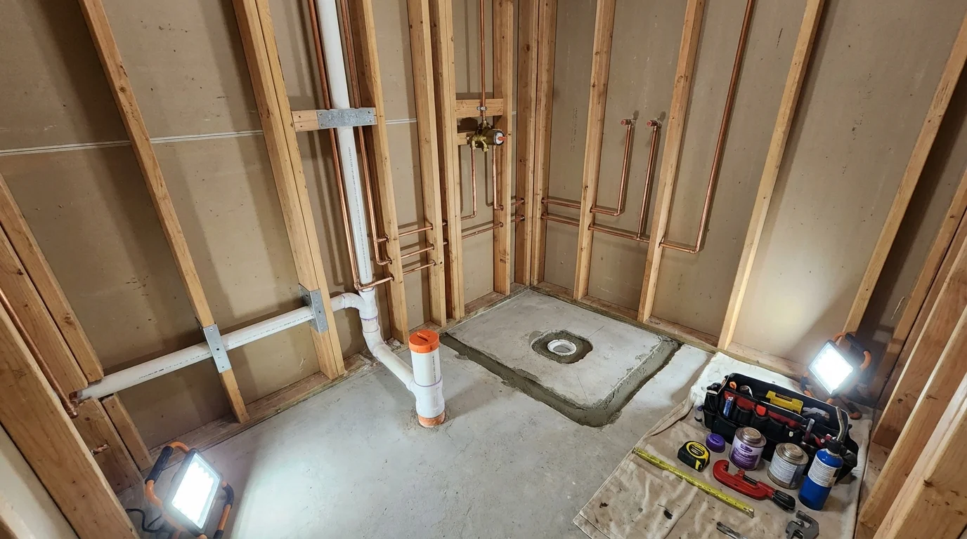 Bathroom rough-in plumbing during remodel by Johns Plumbing LLC in Maple Shade