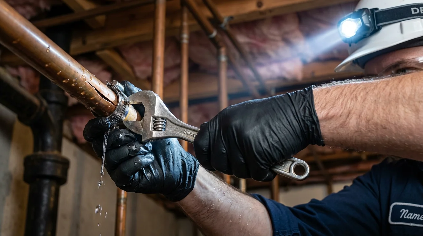 Emergency pipe clamp repair being performed by a Johns Plumbing LLC plumber in Maple Shade